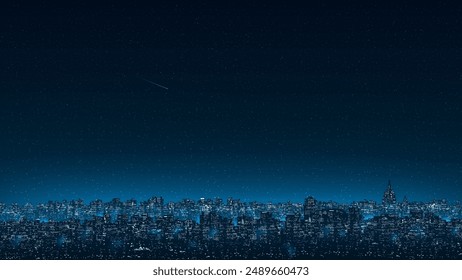 Cityscape, city buildings at night. City ​​skyline at nighttime. Night shining starry sky. Dark blue cityscape background with stars, nebula, meteor. Panoramic illustration, high resolution. Vector