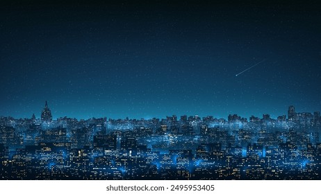 Cityscape, city buildings at night. City ​​skyline at nighttime. Night shining starry sky. Dark blue cityscape background with stars, nebula, meteor. Panoramic illustration, high resolution. Vector