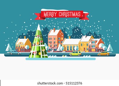 Cityscape. The city in christmas. Urban landscape . Vector flat illustration.