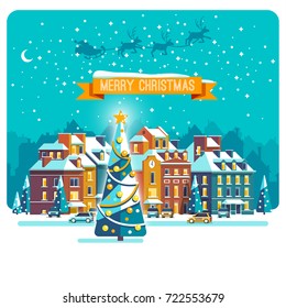 Cityscape. The city in christmas. Urban landscape . Vector flat illustration.