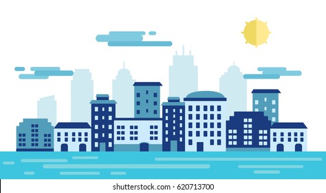 Cityscape, city illustration. Urban landscape. Buildings, clouds, skyscrapers, water. Flat vector graphic design