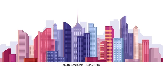 Cityscape. City landscape. Buildings panorama. Simple modern cartoon design. Realistic silhouette. Urban view with skyscrapers. Beautiful colorful template. Flat style vector illustration.