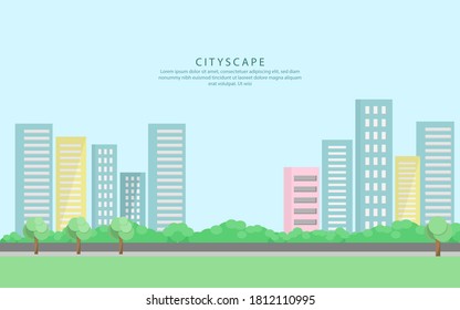 CityScape or city landscape daytime view with traffic, bush, trees and skyscraper building with blue sky background illustration in flat style design - vector illustration