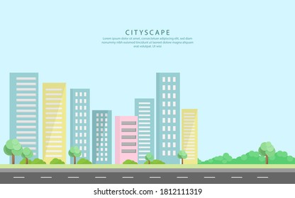 CityScape or city landscape daytime view with traffic, bush, trees and skyscraper building with blue sky background illustration in flat style design - vector illustration