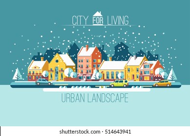 Cityscape. The city in winter holidays. Urban landscape. Vector flat illustration.