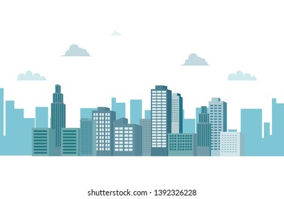 Cityscape with clouds and sky isolated white background vector  illustration.Silhouette building background.landscape of town.modern city and urban scene.	
