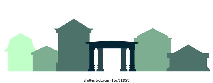 Cityscape with a colonnade. Blue background from the entrance to the park, buildings and houses. Old town architecture. Urban panorama