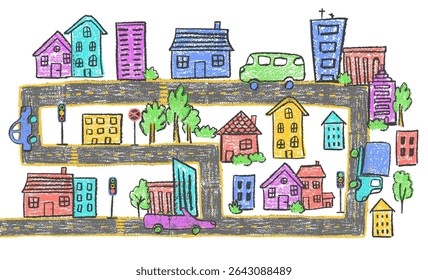 Cityscape in colorful crayon and wax doodle style. Doodle cars, garden, houses, and road with traffic light drawn with charcoal squiggles for kids and kindergarten. Vector art of a baby-friendly