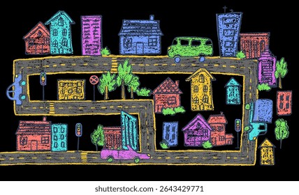 Cityscape in kleurrijke krijt en wax doodle stijl. Doodle auto's, huizen, tuin en weg met verkeerslichten getekend met houtskool squiggles voor kinderen en kleuterschool. Vector kunst van een baby-vriendelijke