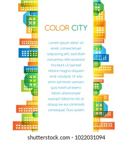 Cityscape colorful decorations. Vertical banner with borders