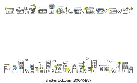 Cityscape, colorful town. Cute line drawing illustration set Background material (16: 9 ratio)