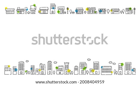 Cityscape, colorful town. Cute line drawing illustration set Background material (16: 9 ratio)