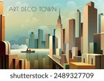 Cityscape of a commercial city with modern towers, industrial buildings, sea and steamship on the sea. Handmade drawing vector illustration. Vintage Art Deco 1930s Style.