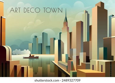 Paisaje urbano de una ciudad comercial con torres modernas, edificios industriales, mar y barco de vapor en el mar. Ilustración vectorial de dibujo hecha a mano. Antiguas estilo Art Deco años 30.