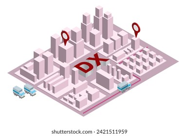 cityscape compuesto por simples maquetas, una ilustración isométrica de una ciudad, y una imagen ilustrativa de la logística de transformación digital.