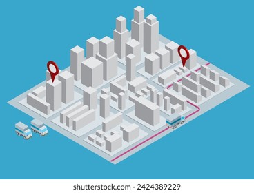 cityscape composed of simple mockups, an isometric illustration of a city, and an image illustration of logistics.