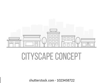 Cityscape concept in popular linear style. Gray and white design. City scene for website or business card. Real estate agency template. Vector illustration.