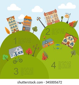Cityscape conceptual graphic template. Urban, countryside, industrial buildings and outdoor scene. Graphic template. Infographic elements. Vector illustration