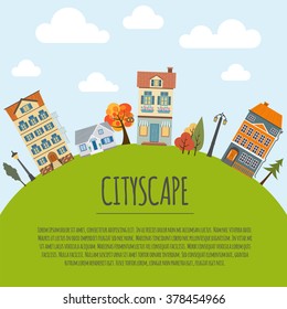 Cityscape conceptual graphic template. Urban, countryside, industrial buildings and outdoor scene. Graphic template. Infographic elements. Vector illustration