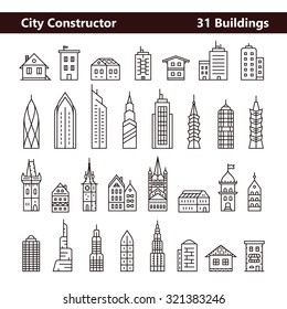 Cityscape constructor and City builder. Urban city and old town skyline and buildings. Collection of building icons made in liner style