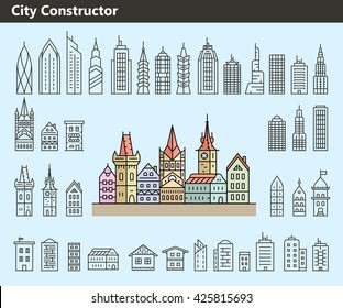 Cityscape constructor. Collection of building icons made in liner style. Vector illustration