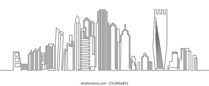 Cityscape continuous one line vector. Linear, hand drawing of houses, skyscrapers. Horizontal panoramic, urban landscape of metropolis architecture silhouette. Sketch residential contour building