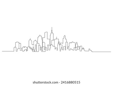 cityscape in continuous one line vector drawing. Modern flat line landscape vector. City landscape line art illustration with building, tower, skyscrapers. Vector illustration.
