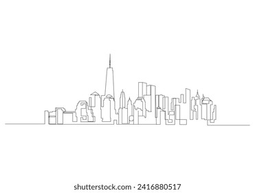 cityscape in continuous one line vector drawing. Modern flat line landscape vector. City landscape line art illustration with building, tower, skyscrapers. Vector illustration.
