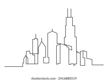 cityscape in continuous one line vector drawing. Modern flat line landscape vector. City landscape line art illustration with building, tower, skyscrapers. Vector illustration.
