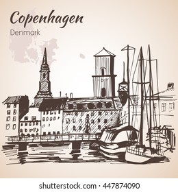 Cityscape of Copenhagen with water and ships
