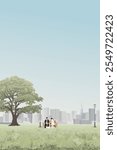 Cityscape with couple of lover sitting on the bench with them dog at public park have skyscraper and blue sky vertical background graphic illustration.