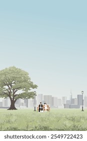 Vista da cidade com o casal de amante sentado no banco com eles cão no parque público têm arranha-céu e azul céu ilustração gráfica vertical de fundo.