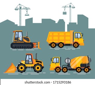 Cityscape with cranes and machinery vector. Machine for construction and fixing, lifter and bulldozer, excavator and cement mixer, van with container