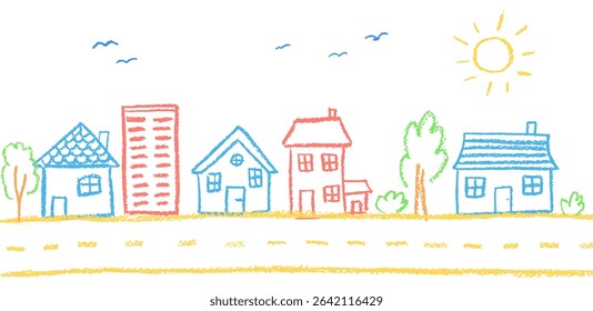 Cityscape in crayon and wax doodle style. Features houses, trees, transport road, and garden drawn with charcoal squiggles for kids and kindergarten. Colorful vector art of a baby-friendly