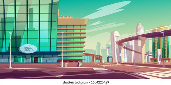 Cityscape with crossroad, overpass highway or subway and skyscrapers. Vector cartoon landscape of town street with buildings, crosswalk and road on bridge