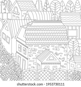 cityscape with cute cottages and decorative fences, flowering bushes for your coloring book  