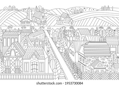 cityscape with cute cottages, trees against rural view for your coloring book  