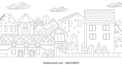 cityscape with cute simple houses, abstract trees, fence, little tower and clouds in the sky. outline drawing of town for your coloring book