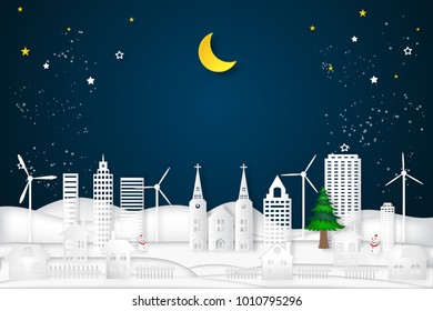 cityscape in the dark night and half moon as as paper art and craft style concept. vector illustration.