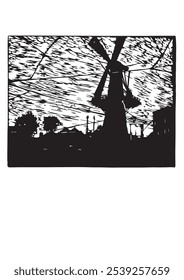 Stadtbild mit dunklem Himmel und Windmühle
