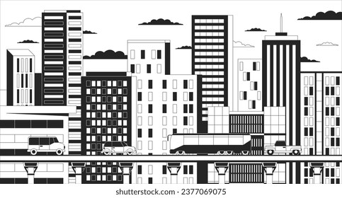 Cityscape day black and white cartoon flat illustration. Vehicles road transportation 2D linear scenery background. Buildings, highway bridge. Highrise urban monochrome scene vector outline image