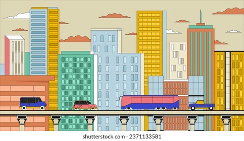 Cityscape day line cartoon flat illustration. Vehicles road transportation 2D lineart scenery background. Buildings skyscrapers, transport highway bridge. Highrise urban scene vector color image