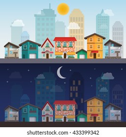 cityscape, day and night, flat style bright beautiful house in the street