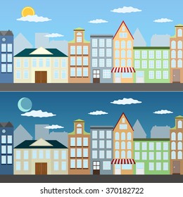 Cityscape at day and at night in the summer