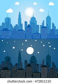 Cityscape at day and night time. Flat modern urban design
