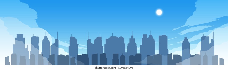 
Cityscape in daytime. 
illustration of flat colored silhouettes of buildings in daytime
