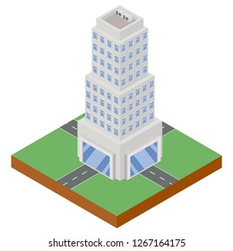 Cityscape design elements with isometric building city map generator. 3D flat icon set. Isolated collection for creating your perfect road, park, transport, trees, infrastructure - Vector