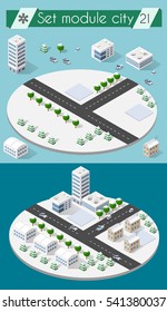 Cityscape design elements with isometric building city map generator. 3D flat icon set. Isolated collection objects for creating your perfect road, park, transport, trees, infrastructure, industrial