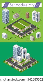 Cityscape design elements with isometric building city map generator. 3D flat icon set. Isolated collection objects for creating your perfect road, park, transport, trees, infrastructure, industrial