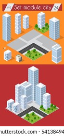 Cityscape design elements with isometric building city map generator. 3D flat icon set. Isolated collection objects for creating your perfect road, park, transport, trees, infrastructure, industrial